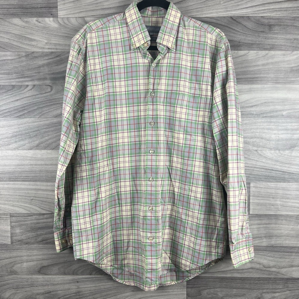 Hickey Freeman Button Down Shirt Mens M Beige Tan Green Plaid Check Dress Casual